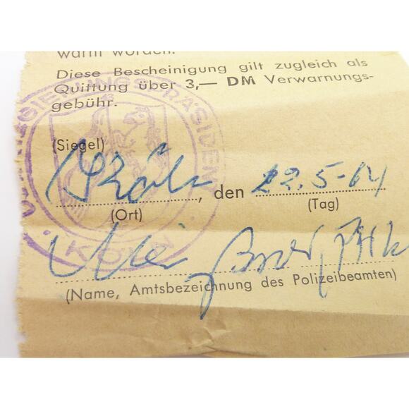 Vintage 1964 Traffic Ticket Warning Germany Ephemera Souvenir - Picture 2 of 5